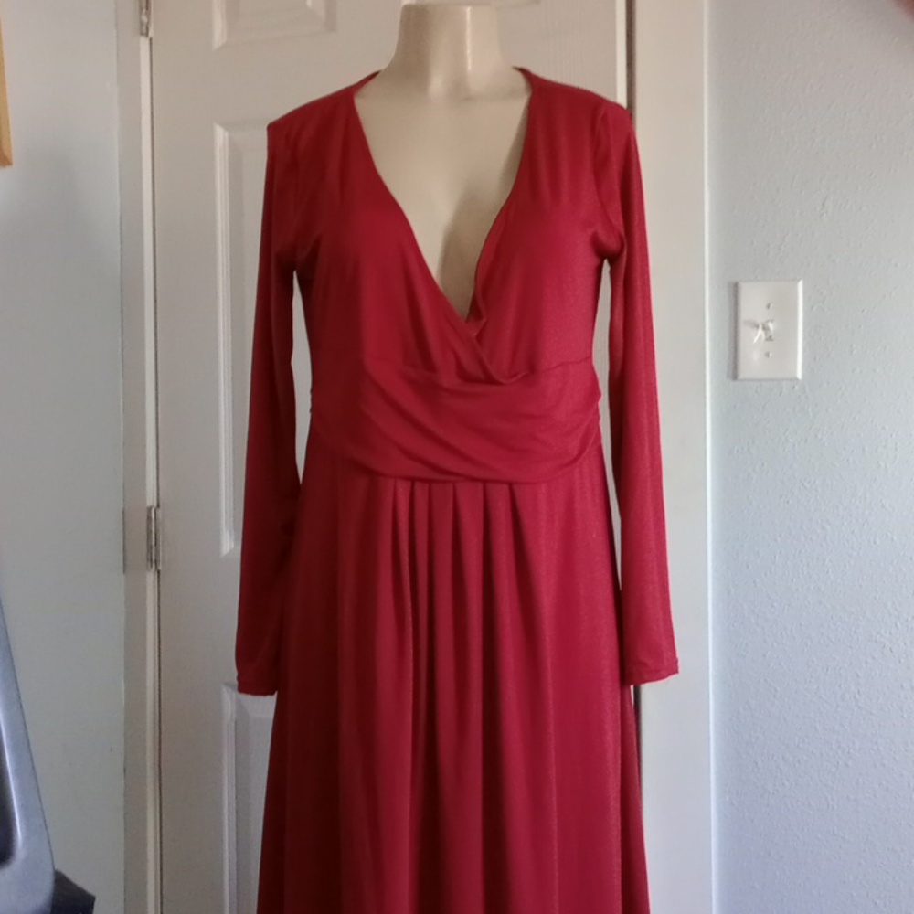 DOUBLJU Elegant Red Long Sleeve Dress